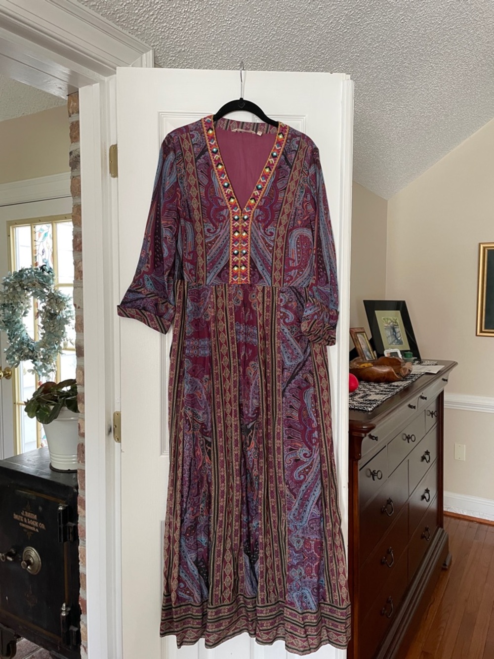 Soft Surroundings Burgundy Paisley Maxi Dress with Blue Accents